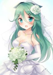 Rule 34 | 10s, 1girl, alternate costume, aqua eyes, black ribbon, bouquet, breasts, bride, cleavage, dress, elbow gloves, flower, gloves, green hair, hair between eyes, hair flower, hair ornament, hair ribbon, holding, holding bouquet, jewelry, kantai collection, long hair, medium breasts, necklace, nikoo, open mouth, ribbon, smile, solo, twitter username, wedding dress, white gloves, yamakaze (kancolle)