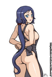 Rule 34 | 10s, 1girl, apron, arms behind back, ass, blue eyes, blue hair, breasts, cowboy shot, female focus, from behind, gundam, gundam build fighters, iori rinko, large breasts, lipstick, long hair, looking at viewer, looking back, makeup, matching hair/eyes, mature female, naked apron, noise tanker, scrunchie, sideboob, simple background, smile, solo, very long hair