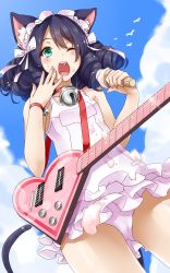Rule 34 | 10s, 1girl, animal ears, bell, black hair, cat ears, cat tail, cloud, curly hair, cyan (show by rock!!), day, double flare skirt one-piece, drill hair, dutch angle, electric guitar, food, frilled swimsuit, frills, from below, green eyes, guitar, highres, ice cream, instrument, jingle bell, kinsenka, looking at viewer, motion blur, nontraditional school swimsuit, one-piece swimsuit, one eye closed, outdoors, school swimsuit, sexually suggestive, show by rock!!, sky, soft serve, strawberry heart (show by rock!!), swimsuit, tail, white one-piece swimsuit, white school swimsuit
