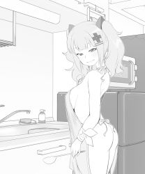 Rule 34 | 1girl, :d, apron, ass, blush, bow, breasts, greyscale, hair ornament, half-closed eyes, henyaan (oreizm), indoors, kaguya luna, kitchen, ladle, large breasts, monochrome, naked apron, open mouth, overalls, seductive smile, sideboob, sink, smile, solo, the moon studio, twintails, virtual youtuber