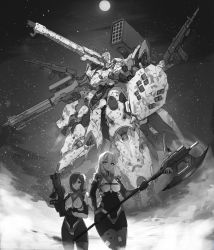 Rule 34 | 2girls, absurdres, axe, breasts, commentary, english commentary, expressionless, extra arms, glowing, glowing eye, greyscale, gun, highres, holding, holding axe, holding gun, holding shield, holding weapon, looking at viewer, mecha, medium breasts, missile pod, monochrome, multiple girls, one-eyed, original, pilot suit, robot, science fiction, shield, shoulder cannon, star (symbol), syaha, v-shaped eyebrows, veil, weapon