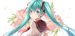 Rule 34 | 1girl, bad id, bad pixiv id, blue eyes, blue hair, diten, floating hair, flower, from behind, hair between eyes, hair ribbon, hatsune miku, long hair, neck ribbon, pink flower, portrait, red ribbon, ribbon, shirt, short sleeves, simple background, smile, solo, twintails, very long hair, vocaloid, white background, white shirt