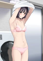 1girl absurdres armpits black_eyes blush bra breasts brown_hair commentary_request cowboy_shot highres nagio_(kiona) navel original panties pink_bra pink_panties short_hair small_breasts standing thighs underwear undressing washing_machine