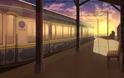 Rule 34 | absurdres, bench, biako, blue skirt, cloud, cloudy sky, commentary request, evening, gradient sky, highres, md5 mismatch, no humans, original, outdoors, resolution mismatch, revision, scenery, skirt, sky, source larger, sun, sunlight, sunset, train, train station, yellow sky