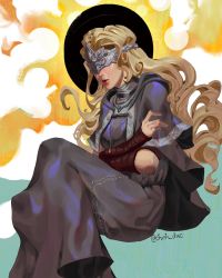 Rule 34 | blonde hair, capelet, chinh dwc, commentary, crossed arms, dark souls (series), dark souls iii, dress, english commentary, fire keeper, grey capelet, grey dress, hair behind ear, highres, hood, hooded capelet, invisible chair, long hair, mask, parted lips, realistic, sitting, twitter username, very long hair