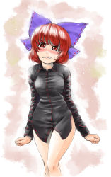 Rule 34 | 1girl, angry, arms at sides, black shirt, blush, bottomless, bow, breasts, clenched hands, clenched teeth, collared shirt, cowboy shot, hair bow, highres, kihou kanshouzai, knees together feet apart, long sleeves, looking at viewer, medium breasts, naked shirt, no pants, red eyes, red hair, scowl, sekibanki, shirt, short hair, snarl, solo, standing, tears, teeth, touhou, wavy mouth, wrists extended