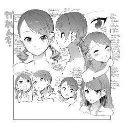 Rule 34 | &gt; &lt;, 1panel, absurdres, blush, character sheet, collarbone, drill hair, expressions, eyeliner, closed eyes, facing to the side, greyscale, highres, hojo karen, idolmaster, idolmaster cinderella girls, keyyan, looking to the side, makeup, monochrome, profile, short hair, short twintails, translation request, twintails