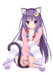 Rule 34 | 1girl, :&lt;, animal ears, between legs, between thighs, blush, bottomless, bow, breasts, cat ears, cat tail, cleavage, collarbone, covering crotch, covering privates, crescent, crescent hair ornament, fake animal ears, feet, female focus, frown, hair bow, hair ornament, hand between legs, hood, hoodie, kani biimu, kemonomimi mode, long hair, looking at viewer, moon, naked hoodie, no bra, no panties, no shoes, patchouli knowledge, purple eyes, purple hair, simple background, sitting, sleeves past wrists, small breasts, solo, striped clothes, striped thighhighs, sweater, tail, thighhighs, touhou, v arms, white background