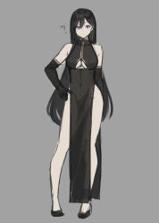 Rule 34 | 1girl, ?, bare shoulders, black dress, black gloves, breasts, closed mouth, clothing cutout, contrapposto, covered navel, dress, elbow gloves, full body, gloves, grey background, hand on own hip, hayabusa, high heels, highres, large breasts, long dress, long hair, looking at viewer, mole, mole under eye, navel, original, pelvic curtain, purple eyes, side slit, simple background, sketch, solo, standing, underboob cutout, very long hair
