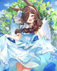 Rule 34 | 1girl, animal ears, blue flower, blue rose, blurry, blurry background, blush, braid, bridal veil, bride, brown hair, closed eyes, clothes lift, day, dress, dress lift, facing viewer, flower, gloves, hair flower, hair ornament, hair over one eye, highres, horse ears, horse girl, lifted by self, long hair, meyamu, open mouth, outdoors, petals, rice shower (longed-for scenery) (umamusume), rice shower (umamusume), rose, single braid, smile, solo, the promised time: silks &amp; three riddles (umamusume), umamusume, veil, wedding dress, white dress, white flower, white gloves