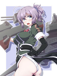 Rule 34 | 1girl, 547th sy, adapted turret, alternate costume, aoba (kancolle), black gloves, blue eyes, bow, bowtie, breasts, cannon, collared shirt, cosplay, elbow gloves, gloves, hair between eyes, highleg, highleg panties, highres, jacket, kantai collection, looking at viewer, machinery, medium breasts, messy hair, necktie, open mouth, panties, pelvic curtain, ponytail, purple hair, red bow, red bowtie, red necktie, scrunchie, shirt, short sleeves, side slit, single elbow glove, single glove, single thighhigh, smile, solo, thighhighs, tone (kancolle), tone (kancolle) (cosplay), turret, underwear, white panties