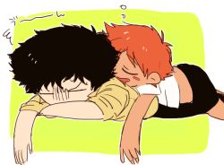 Rule 34 | 1boy, 1girl, age difference, annoyed, artist request, black hair, blush stickers, border, chibi, cowboy bebop, drooling, edward wong hau pepelu tivrusky iv, green background, lying, lying on person, midriff, mouth drool, on stomach, orange hair, short hair, simple background, sleeping, sleeping on person, spike/ed, spike spiegel, squiggle, tagme, white border