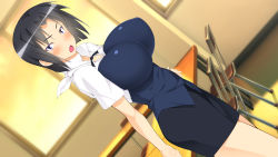 Rule 34 | 1girl, :o, black hair, black neckwear, black skirt, blush, breasts, chair, dutch angle, evening, female focus, hand on own hip, highres, huge breasts, indoors, legs, looking at viewer, makarou, nose blush, open mouth, purple eyes, shirafuji kyouko, short hair, skirt, sky, solo, standing, table, thighs, waitress, window, working!!