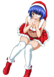 Rule 34 | 1girl, artist request, bare shoulders, belt, blue eyes, blue hair, blush, boots, christmas, dot nose, dress, female focus, hat, ikkitousen, medium hair, mole, mole under mouth, navel, open mouth, ryomou shimei, santa boots, santa costume, santa dress, santa hat, simple background, sitting, solo, source request, thighhighs, white background, white thighhighs