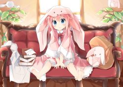 Rule 34 | 1girl, animal ears, animal hood, barefoot, between legs, book, bow, bowtie, closed mouth, collared dress, commentary request, couch, cup, day, dress, frilled dress, frilled sleeves, frills, hair between eyes, hand between legs, head tilt, hood, indoors, kushida you, long hair, long sleeves, looking at viewer, on couch, original, pillow, pink dress, pink hair, plant, potted plant, quill, rabbit ears, rabbit hood, red bow, red bowtie, saucer, sitting, smile, soles, solo, spread legs, stuffed animal, stuffed rabbit, stuffed toy, wide sleeves, window, wooden floor