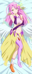 Rule 34 | 1girl, absurdres, angel wings, asymmetrical legwear, bed sheet, breasts, bridal gauntlets, brown eyes, commentary, crop top, dakimakura (medium), feathered wings, full body, gloves, gradient hair, halo, highres, jibril (no game no life), kimmy77, large breasts, long hair, looking at viewer, low wings, lying, magic circle, midriff, mismatched legwear, multicolored eyes, multicolored hair, navel, no game no life, on back, parted lips, pink hair, shoes, single shoe, smile, solo, stomach, tattoo, very long hair, wing ears, wings, yellow eyes
