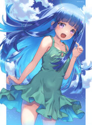 Rule 34 | 1girl, absurdres, bare legs, blue hair, blue sky, blunt bangs, blush, border, breasts, cloud, colored inner hair, commentary, cowboy shot, dot nose, dress, furude rika, green dress, hand up, highres, higurashi no naku koro ni, light blue hair, long hair, looking at viewer, multicolored hair, nerune j, open mouth, outdoors, purple eyes, sidelocks, sky, small breasts, smile, solo, waving