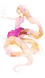Rule 34 | 1girl, absurdly long hair, bad id, bad pixiv id, blonde hair, disney, dress, flower, from side, green eyes, hair flower, hair ornament, hand on own chest, heart, highres, long hair, md5 mismatch, pink flower, rapunzel (disney), smile, solo, sukja, tangled, very long hair, white background
