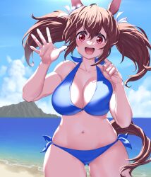 Rule 34 | 1girl, :d, animal ears, bare arms, bare shoulders, bikini, blue bikini, blue sky, breasts, brown hair, cleavage, cloud, commentary request, cowboy shot, day, highres, hishi akebono (umamusume), horse ears, large breasts, long hair, looking at viewer, navel, ocean, onsoku inu, open mouth, red eyes, side-tie bikini bottom, sky, smile, solo, standing, stomach, swimsuit, twintails, umamusume, water
