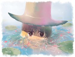 Rule 34 | 00s, 1girl, 2008, brown eyes, brown hair, covered mouth, dated, day, female focus, goriyaku, gradient background, hat, lily pad, moriya suwako, nature, plant, reflection, solo, submerged, torn clothes, touhou, water, water drop, waterlily, wet, wet hair