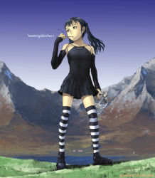 Rule 34 | bare shoulders, black hair, bottle, detached sleeves, food, lake, long hair, looking up, mountain, pocky, sky, solo, striped clothes, striped thighhighs, thighhighs, twintails, yoneda taishou, zettai ryouiki