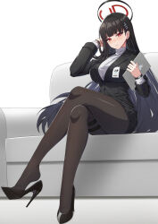 Rule 34 | 1girl, alternate costume, black footwear, black hair, black jacket, black pantyhose, black skirt, blue archive, blue eyes, breasts, couch, crossed legs, hair ornament, hairclip, halo, high heels, highres, holding, id card, jacket, large breasts, legs, long hair, long sleeves, looking at viewer, office lady, pantyhose, parted lips, red eyes, ribbed sweater, rio (blue archive), shoe dangle, simple background, sitting, skirt, solo, sweater, tablet pc, thigh strap, turtleneck, turtleneck sweater, very long hair, vococo, watch, white background, white sweater, wristwatch