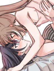 Rule 34 | 2girls, ahoge, alternate costume, bed, bed sheet, blue eyes, blue hair, blush, breasts, brmameng, brown eyes, brown hair, camisole, face-to-face, fingernails, girl on top, hair intakes, hand on another&#039;s hip, highres, hololive, hololive english, long hair, looking at another, multicolored hair, multiple girls, nanashi mumei, ouro kronii, pinstripe pattern, ponytail, shirt, short hair, sleeveless, sleeveless shirt, streaked hair, striped, tank top, underboob, very long hair, virtual youtuber, yuri