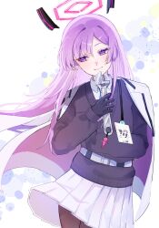Rule 34 | 1girl, belt, black gloves, black sweater, blue archive, blush, charm (object), collared shirt, floating headgear, gloves, halo, headgear, highres, holding, holding wrench, id card, instant loss, long hair, long sleeves, pantyhose, pleated skirt, purple eyes, purple hair, shirt, simple background, skirt, solo, sweater, utaha (blue archive), very long hair, white skirt, wrench, yuzumochi4871