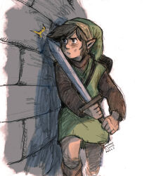 Rule 34 | 1boy, absurdres, blush, brown footwear, brown hair, dated, green hat, green tunic, hat, highres, holding, holding sword, holding weapon, link, male focus, nintendo, parted lips, pointy ears, signature, solo, stone wall, sword, the legend of zelda, the legend of zelda (nes), wall, weapon, white background, yasmeen
