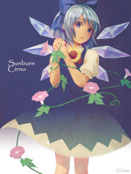Rule 34 | 1girl, bad id, bad pixiv id, blue bow, blue dress, blue eyes, blue hair, bow, cirno, cowboy shot, dress, english text, flower, hair bow, hidden star in four seasons, ice, ice wings, looking at viewer, morning glory, puffy short sleeves, puffy sleeves, short hair, short sleeves, solo, sunflower, taka8, tanned cirno, touhou, twitter username, wings