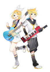 Rule 34 | 1boy, 1girl, absurdres, arm up, arm warmers, bare shoulders, black collar, black shorts, blonde hair, blouse, blue eyes, bow, collar, commentary, crop top, electric guitar, fortissimo, full body, grey collar, grey sleeves, grin, guitar, hair bow, hair ornament, hairclip, headphones, heart, highres, holding, holding instrument, instrument, kagamine len, kagamine len (vocaloid4), kagamine rin, kagamine rin (vocaloid4), keytar, leg warmers, looking at viewer, miniskirt, music, nail polish, neckerchief, necktie, official art, omutatsu, one eye closed, open mouth, outstretched arm, playing instrument, pleated skirt, sailor collar, school uniform, see-through, see-through sleeves, shirt, short hair, short ponytail, short sleeves, shorts, skirt, sleeveless, sleeveless shirt, smile, spiked hair, standing, star (symbol), star hair ornament, suspenders, swept bangs, v4x, vocaloid, vocaloid boxart pose, white background, white bow, white footwear, white shirt, white skirt, yellow nails, yellow neckerchief