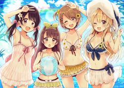 Rule 34 | 2018, 4girls, :d, :o, ;d, arm up, ball, bare arms, bare shoulders, beachball, bikini, bikini skirt, blonde hair, blue bikini, blue sky, blush, bow, breasts, brown eyes, brown hair, cleavage, cloud, collarbone, commentary, day, dress, english commentary, fang, flower, green ribbon, hair between eyes, hair bow, hair flower, hair ornament, hair ribbon, hand on another&#039;s shoulder, hand up, hat, holding, holding ball, light brown hair, long hair, looking at viewer, low twintails, medium breasts, multiple girls, ocean, one eye closed, one side up, open mouth, original, outdoors, pink bow, rainbow, ribbon, sakura oriko, see-through, short hair, sky, sleeveless, sleeveless dress, smile, sun hat, swimsuit, twintails, v, very long hair, water, white bikini, white dress, white flower, white hat, yellow flower