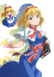 Rule 34 | 1girl, alice margatroid, blonde hair, blue dress, blue eyes, book, capelet, closed mouth, dress, grimoire of alice, gyouza (mhea5724), hairband, highres, holding, holding book, jewelry, looking at viewer, puppet rings, puppet strings, red hairband, ring, shanghai doll, short hair, simple background, smile, solo, touhou, white background, white capelet