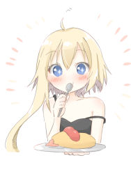 Rule 34 | + +, 1girl, ahoge, bare arms, bare shoulders, black dress, blonde hair, blue eyes, blush, collarbone, dress, eating, food, hair between eyes, head tilt, highres, holding, holding plate, holding spoon, long hair, looking at viewer, omelet, omurice, original, plate, simple background, sleeveless, sleeveless dress, solo, spoon, strap slip, tia-chan, uchuuneko, white background