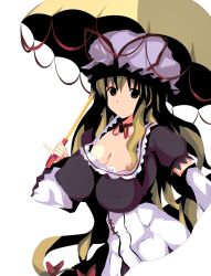 Rule 34 | 1girl, bad id, bad pixiv id, bow, breasts, choker, cleavage, corset, covered erect nipples, detached sleeves, dress, female focus, flat color, gap (touhou), hair bow, hat, hat ribbon, hip focus, huge breasts, large breasts, long hair, looking at viewer, parasol, pinky out, puffy nipples, ribbon, ribbon choker, simple background, smile, solo, touhou, umbrella, usugiri bacon, very long hair, white background, yakumo yukari, yellow eyes