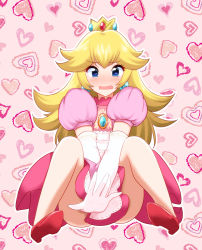 Rule 34 | 1girl, blonde hair, blue eyes, blush, breasts, brooch, crown, don (748826), dot nose, dress, dress tug, earrings, elbow gloves, embarrassed, eyelashes, full body, gloves, heart, heart background, high heels, highres, jewelry, knees up, long hair, looking at viewer, mario (series), nintendo, open hand, open mouth, outline, pink background, pink dress, princess, princess peach, puffy short sleeves, puffy sleeves, red footwear, short sleeves, sitting, solo, super mario bros. 1, thighs, wavy mouth, white gloves, white outline