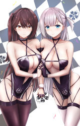 Rule 34 | 2girls, amano kusatsu, asymmetrical docking, azur lane, bare shoulders, black gloves, black legwear, blue eyes, blunt bangs, blush, breast press, breasts, brown eyes, brown hair, center opening, checkered background, cleavage, closed mouth, clothes writing, collarbone, commentary request, copyright name, cowboy shot, criss-cross halter, earrings, gloves, halterneck, highres, holding hands, interlocked fingers, jewelry, large breasts, long hair, looking at viewer, mole, mole under eye, multiple girls, navel, one side up, revealing clothes, revision, shoukaku (azur lane), shoukaku (sororal wings) (azur lane), silver hair, skindentation, smile, stud earrings, thighhighs, very long hair, white legwear, wrist cuffs, zuikaku (azur lane), zuikaku (the wind&#039;s true name) (azur lane)