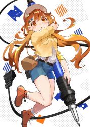 Rule 34 | 1girl, :o, bag, bandaid, bandaid on face, bandaid on forehead, blue shorts, boots, breast pocket, brown bag, cable, commentary request, floating, hana (h6n6 matsu), hat, highres, holding, holding pen, jacket, looking at viewer, one eye closed, orange eyes, orange footwear, orange hair, original, oversized object, pen, pocket, shirt, shirt tucked in, shorts, sleeves rolled up, solo, suspender shorts, suspenders, twintails, visor, visor cap, white hat, white shirt, yellow jacket