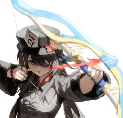 Rule 34 | 1girl, ;o, absurdres, aiming, alternate weapon, arrow (projectile), bead bracelet, beads, black coat, black hair, black hat, black nails, blouse, bow (weapon), bracelet, chinese knot, coat, collared shirt, commentary, egk513, eyebrows hidden by hair, flower, flower-shaped pupils, genshin impact, glowing, hair over one eye, hat, highres, holding, holding bow (weapon), holding weapon, hu tao (genshin impact), jewelry, long hair, long sleeves, lower teeth only, multiple rings, nail polish, one eye closed, open mouth, plum blossoms, porkpie hat, red eyes, red shirt, ring, shirt, simple background, solo, symbol-shaped pupils, tassel, teeth, upper body, weapon, white background