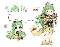 Rule 34 | 1girl, :d, :x, ^ ^, ahoge, animal ears, animal hands, animal print, blue eyes, blush, body markings, bone, bow, breasts, cat ears, cat paws, cat tail, claws, closed eyes, cropped legs, egg, elbow gloves, evolution, gloves, green hair, hatching, highres, idolmaster, idolmaster million live!, kneehighs, level up, light green hair, long hair, medium breasts, miniskirt, multiple views, open mouth, shimabara elena, simple background, skirt, sleeveless, smile, socks, spawnfoxy, tail, tail bow, tail ornament, teeth, upper teeth only, very long hair, wavy hair, white background