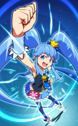 Rule 34 | 10s, 1girl, :d, arm up, armpits, black thighhighs, blue background, blue eyes, blue hair, blue skirt, brooch, clenched hand, clenched hands, crown, cure princess, earrings, full body, happinesscharge precure!, heart, heart brooch, highres, jewelry, long hair, magical girl, matching hair/eyes, mini crown, necktie, open mouth, precure, raised fist, shirayuki hime, shoes, sidelocks, skirt, smile, solo, standing, thighhighs, twintails, uganda (ugandam 00), wrist cuffs