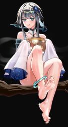 Rule 34 | 1girl, absurdres, anklet, barefoot, blue eyes, branch, feet, genshin impact, guizhong (genshin impact), highres, jewelry, licking lips, looking at viewer, medium hair, sitting, soles, toes, tongue, tongue out