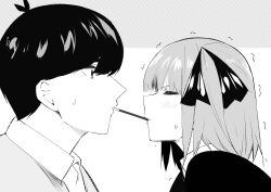Rule 34 | 1boy, 1girl, absurdres, antenna hair, black hair, blunt bangs, blush, butterfly hair ornament, close-up, closed eyes, commentary request, embarrassed, eyebrows hidden by hair, food, from side, go-toubun no hanayome, hair ornament, hetero, highres, lips, looking at another, mame1645, medium hair, monochrome, nakano nino, nose, pocky, pocky kiss, profile, shared food, shirt, short hair, simple background, straight hair, sweatdrop, trembling, two side up, uesugi fuutarou, v-shaped eyebrows, white background