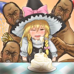 Rule 34 | 1girl, 3boys, black hair, black headwear, black vest, blonde hair, bound, bow, braid, breasts, cae, cake, closed eyes, commentary request, cookie (touhou), crying, crying with eyes open, feeding, fish, food, fork, grin, hair between eyes, hat, hat bow, highres, holding, holding fork, kirisame marisa, long hair, looking at another, medium breasts, multiple boys, one eye closed, open mouth, otemoto (baaaaloooo), party hat, party popper, pink bow, recitation (cookie), rope, shirt, side braid, single braid, smile, star (symbol), tears, touhou, upper body, uzuki (cookie), vest, white shirt, witch hat