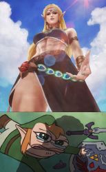 Rule 34 | 1boy, 1girl, abs, absurdres, apu spills his tendies (meme), aqua eyes, armlet, blonde hair, blue sky, bracelet, braid, breasts, choker, circlet, cloud, crop top, fallen down, french braid, from below, gerudo set (zelda), green lips, green nails, hair ornament, hair tubes, hairclip, helping, highres, hylian shield, jewelry, lens flare, link, lips, long hair, looking at another, lying, master sword, medium breasts, meme, midriff, monori rogue, muscular, muscular female, nail polish, nintendo, on ground, pepe the frog, pointy ears, princess zelda, reaching, reaching towards viewer, shadow, shield, side slit, skirt, sky, sword, tearing up, the legend of zelda, the legend of zelda: breath of the wild, toned, weapon