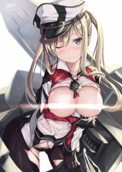 Rule 34 | 10s, 1girl, black gloves, black panties, black pantyhose, blonde hair, blush, bow, bow panties, breasts, breasts out, capelet, censored, censored nipples, clothes pull, convenient censoring, gloves, graf zeppelin (kancolle), grey eyes, hair between eyes, hat, highres, kantai collection, large breasts, leaning forward, lens flare, light rays, long hair, long sleeves, looking at viewer, military, military hat, military uniform, miniskirt, panties, pantyhose, peaked cap, rin yuu, see-through, sidelocks, skirt, skirt pull, solo, torn clothes, torn pantyhose, tsurime, twintails, underwear, uniform, wet, wet clothes, white hat