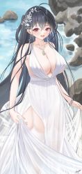 Rule 34 | 1girl, artist name, azur lane, black hair, breasts, center opening, cleavage, cocktail dress, dress, earrings, evening gown, garter straps, hair ornament, hair strand, highres, huge breasts, jewelry, long hair, looking at viewer, megumi kei, official alternate costume, plunging neckline, red eyes, see-through, see-through dress, skirt hold, sleeveless, sleeveless dress, solo, taihou (azur lane), taihou (temptation on the sea breeze) (azur lane), thighhighs, very long hair, wedding dress, white dress, white thighhighs