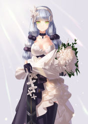 Rule 34 | 1girl, black gloves, black thighhighs, bouquet, choker, closed mouth, collarbone, dress, flower, girls&#039; frontline, gloves, green eyes, grey background, highres, hk416 (girls&#039; frontline), hk416 (starry cocoon) (girls&#039; frontline), holding, holding bouquet, long hair, looking at viewer, moroes, official alternate costume, rose, side slit, silver hair, solo, standing, thighhighs, white flower, white rose