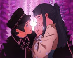 Rule 34 | 2girls, ace attorney, black hair, black headwear, blush, commentary, english commentary, eye contact, flower, from side, highres, japanese clothes, kimono, long hair, long sleeves, looking at another, multiple girls, obi, ponytail, rei membami, sash, sidelocks, susato mikotoba, the great ace attorney, upper body, vampaniki, wisteria, yuri