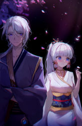 Rule 34 | 1boy, 1girl, absurdres, ayaka (genshin impact), blue eyes, blush, brother and sister, cherry blossoms, commentary, genshin impact, hands in opposite sleeves, high ponytail, highres, japanese clothes, kamisato ayato, kimono, looking at viewer, looking away, low ponytail, obi, petals, purple eyes, purple kimono, sash, siblings, silver hair, smile, vision (genshin impact), white kimono, wide sleeves, xude, yukata